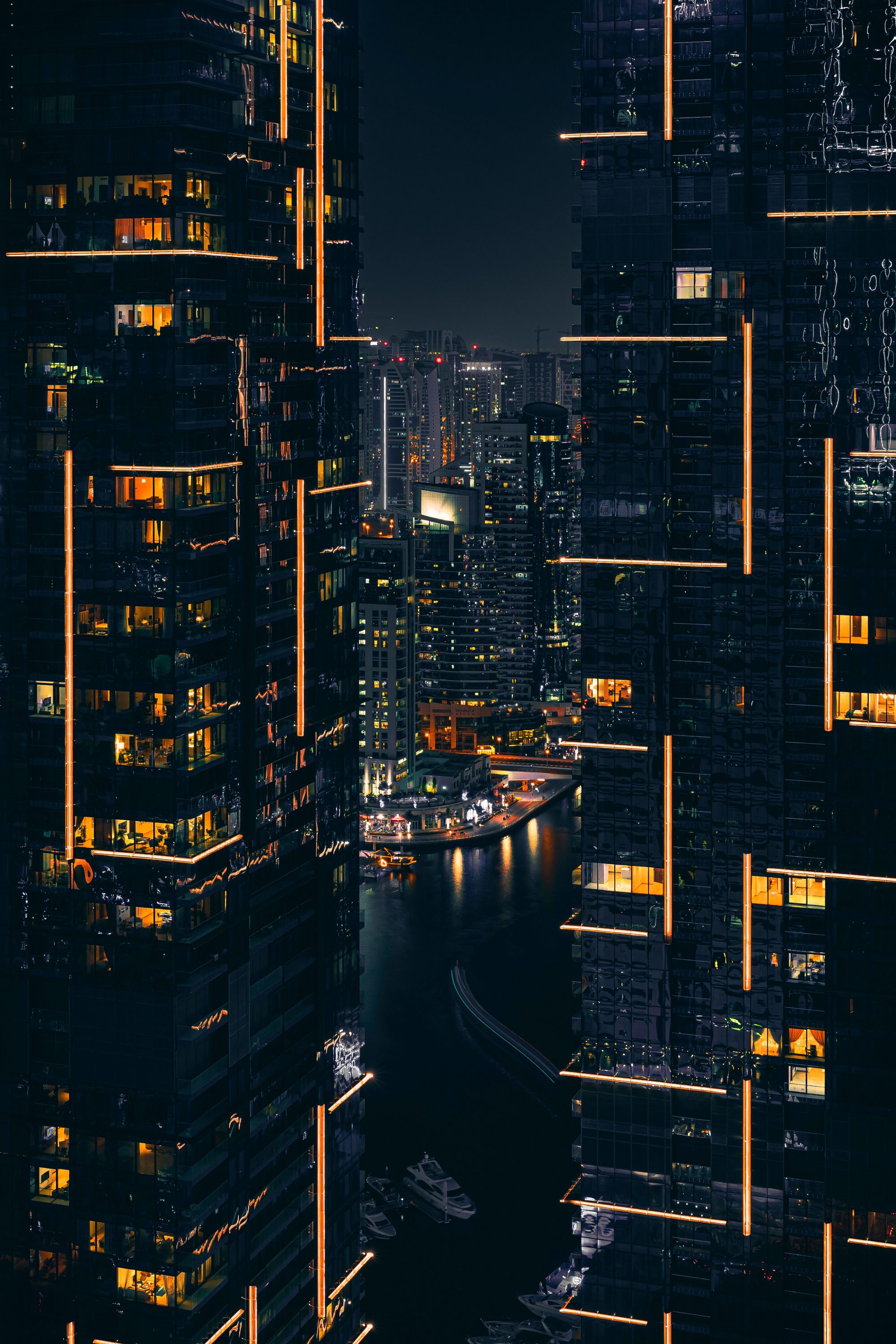 City condominium buildings at night.